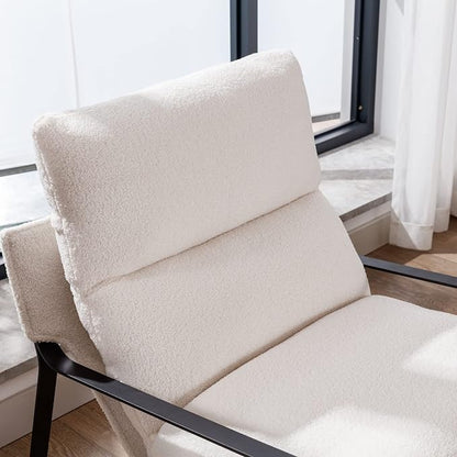 Mid-Century Accent Chair, Comfy Sherpa Fabric Side Chair with Armrest, Upholstered Leisure Chair with Black Metal Frame for Living Room Bedroom Reception Room, White