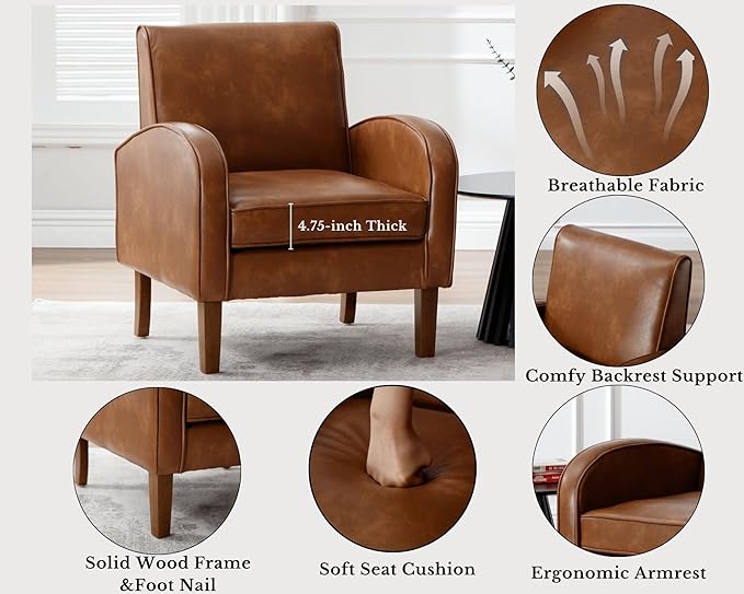 Brown Faux Leather Accent Chairs Set of 2, Mid Century Modern Upholstered Arm Chairs with Wooden Legs, Comfy Reception Office Club Reading Side Lounge Chair for Living Room Bedroom