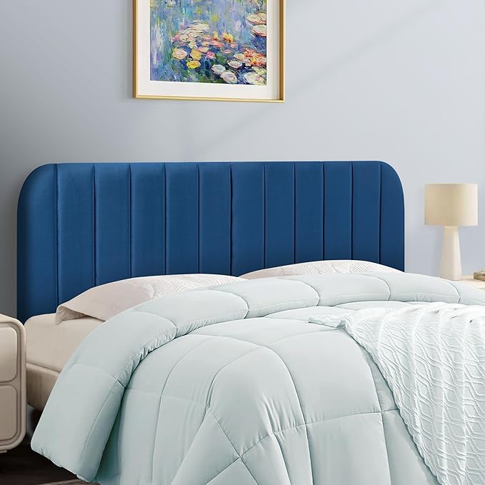 Upholstered Headboard - Striped Interval - Adjustable Height - Metal Legs - Bed Frame (Blue, King (U.S. Standard))