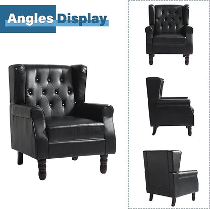High Back Accent Chairs Set of 2, Faux Leather Wingback Chair for Living Room, Button-Tufted Upholstered Armchair with Solid Wood Legs, Comfy Single Sofa Reading Chair for Bedroom, Black