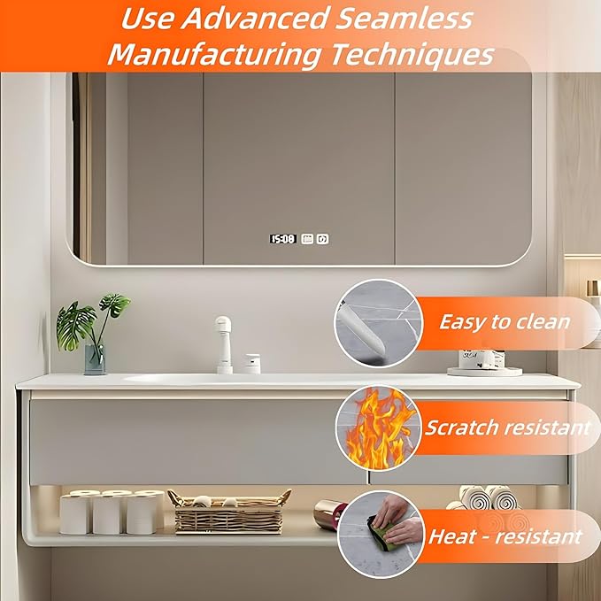 64IN Grey Bathroom Vanity Set - Floating Bathroom Vanity with Single Sink | Including LED Smart Defogging Mirror Cabinet & Time Display Function, Equipped with Motion Sensing Light Strip (Style B)