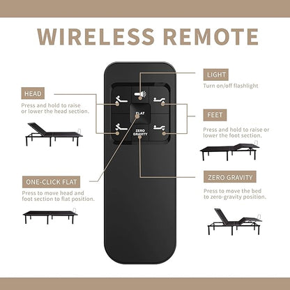 Queen Adjustable Bed Base Frame with Wireless Remote + 12 Inch Queen Green Tea Gel Memory Foam Mattress Bed in a Box, Head and Foot Incline, Zero Gravity, Fiberglass Free, 80" × 60"