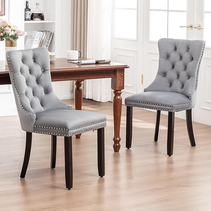 Velvet Dining Chairs Set of 4, Upholstered Dining Room Chairs with Nailhead Ring Pull Trim, Button Tufted Wing Back Chairs for Dining with Solid Wood Legs for Kitchen Dining Room(Grey)