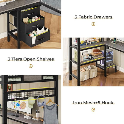 ADORNEVE Loft Bed Twin Size with L-Shaped Desk, LED Lights,Charging Station, Twin Metal Loft Bed Frame with Fabric Drawers & Shelve, 13.4" H Safety Guardrail, No Box Spring Needed, Grey