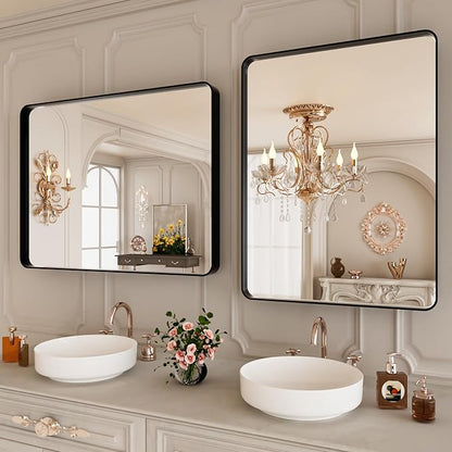 22x30 Inch Black Bathroom Mirror,Rectangle Wall Mirror for Bathroom,Round Corner Matte Black Metal Framed Mirror(Horizontal/Vertical)