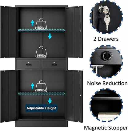 BESFUR Metal Cabinet, Garage Storage Cabinet with Drawers and Adjustable Shelves for Garage, Office, Classroom- Black