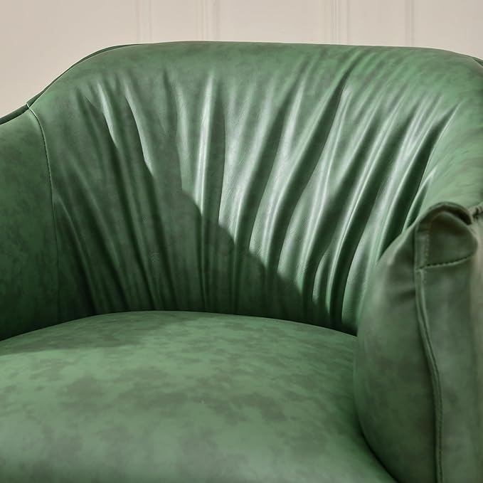 KINWELL 33" W Faux Leather Barrel Chairs Set of 2 with Hand-Tufted Pleated Back Flared Arms, Modern PU Upholstered Accent Chairs with Metal Legs, Large Armchairs Lounge Chairs for Living Room, Green