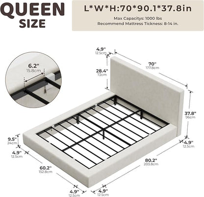 RECCI Cloud Upholstered Queen Bed Frame with Headboard, 5 Inch Foam Padded Platform, No Box Spring, Easy Assembly(Cream)