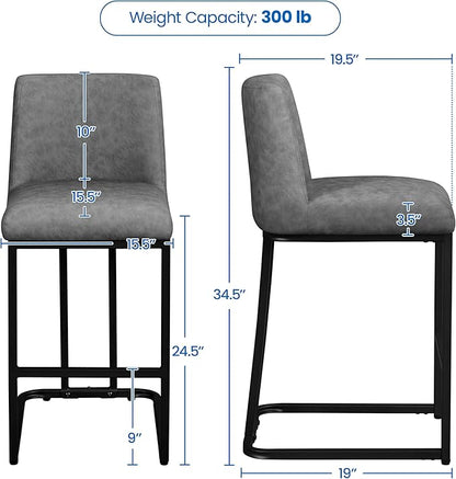 Yaheetech Counter Height Bar Stools 24'' Bar Stools Set of 2 Leather Bar Chairs Modern Upholstered Barstools with Back for Kitchen Counter Gray