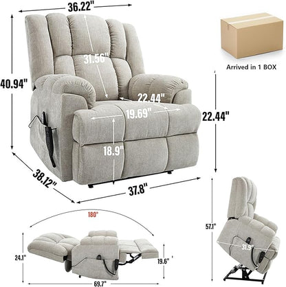 Power Lift Recliner Chair for Elderly, Oversized Chenille Electric Recliners Chairs for Living Room, Dual Motor 180° Lay Flat Recliner Big Sofa with Massage and Heating, Heavy-Duty, Beige