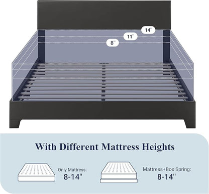 Allewie Full Size Bed Frame with Adjustable Headboard, Faux Leather Platform Bed with Wood Slats, Heavy Duty Mattress Foundation, No Box Spring Needed, Noise-Free, Easy Assembly, Black