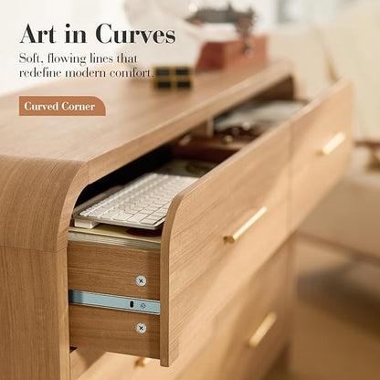 Curved 6-Drawer Dresser for Bedroom, 54" Wide Modern Chest of Drawers, Vanity Desk TV Stand for Living Room, Closet Storage Drawers Organizer Furniture, Nursery, Hallway, Oak