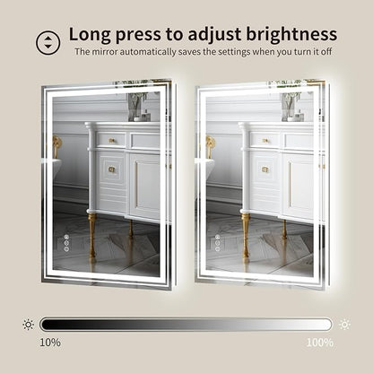 WTTY LED Bathroom Mirror with Backlit and Front Light, 23.6" X 31.5" Stepless Dimmable LED Mirror for Bathroom,Anti-Fog Lighted Bathroom Vanity Mirror Modern for Wall,Memory Function,Shatter-Proof