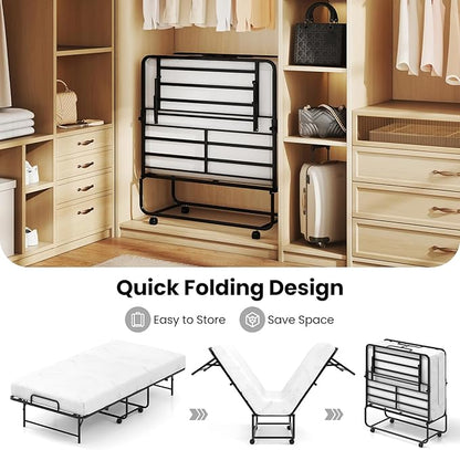 Giantex Twin Folding Bed Frame with Mattress, 75" x 38" Portable Rollaway Guest Bed with Memory Foam Mattress & Metal Frame, Space Saving Roll Away Beds with Mattresses for Adults Guest Apartment