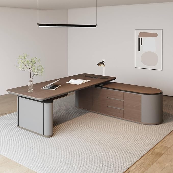 SAINTCY Large Executive Office Desk with File Cabinet, 94.5 Inch Sit & Stand L Shaped Executive Desk, Adjustable Luxury Office Desks for Boss, Business Owners, Managers and Supervisors Return Right