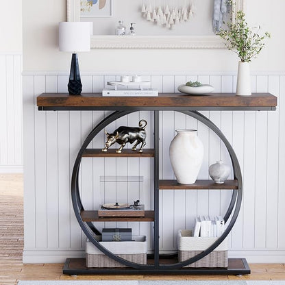 41.3" Console Table for Entryway, Industrial Hallway Sofa Table with Storage Shelves, Narrow Accent Decor Living Room Furniture with Circle Base for Foyer, Entrance, Rustic Brown
