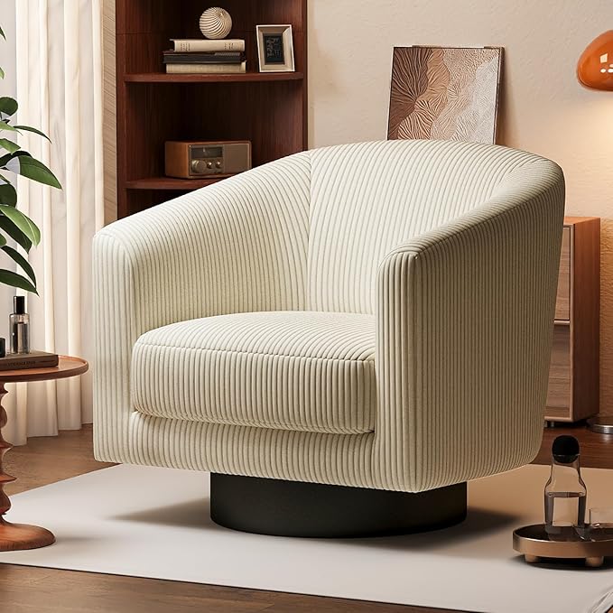360° Swivel Accent Chairs, Modern Bucket Chair, Corduroy Barrel Armchair, Comfy Boucle Chair, Single Sofa for Living Room Bedroom. Cream White