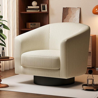 360° Swivel Accent Chairs Set of 2, Modern Bucket Chair, Corduroy Barrel Armchair, Comfy Boucle Chair, Single Sofa for Living Room Bedroom. Cream White