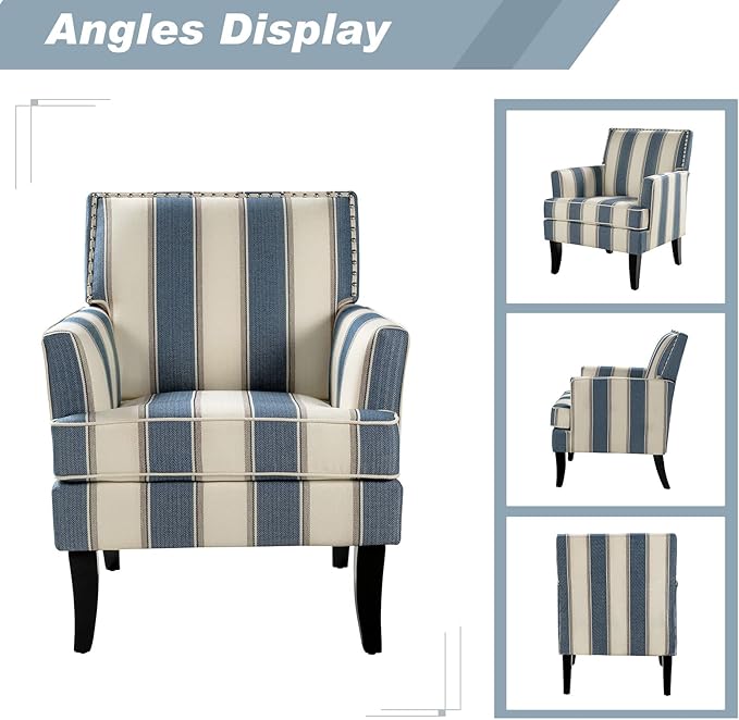 HULALA HOME Modern Accent Chairs Set of 2, Farmhouse High Back Striped Chairs with Wooden Legs & Nail Head Trim, Comfy Upholstered Armchairs for Living Room/Bedroom (Stripe Blue)