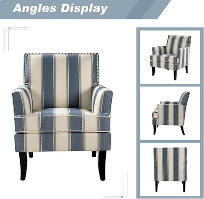 HULALA HOME Modern Accent Chairs Set of 2, Farmhouse High Back Striped Chairs with Wooden Legs & Nail Head Trim, Comfy Upholstered Armchairs for Living Room/Bedroom (Stripe Blue)