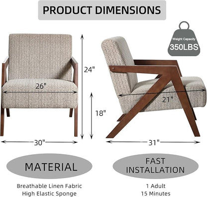 INZOY Mid Century Modern Accent Chair with Wood Frame, Upholstered Reading Armchair with Soft Linen Fabric, Accent Chair for Living Room Bedroom Apartment, Easy Assembly, Brown