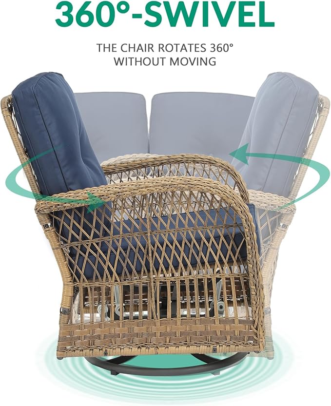 VIVIJASON 5-Piece Outdoor Patio Wicker Conversation Sets, All Weather Outdoor Rattan Furniture Set Includes Glider Loveseat, 2 Coffee Table, 2 Swivel-Gliders Chairs with Cushions, Navy Blue