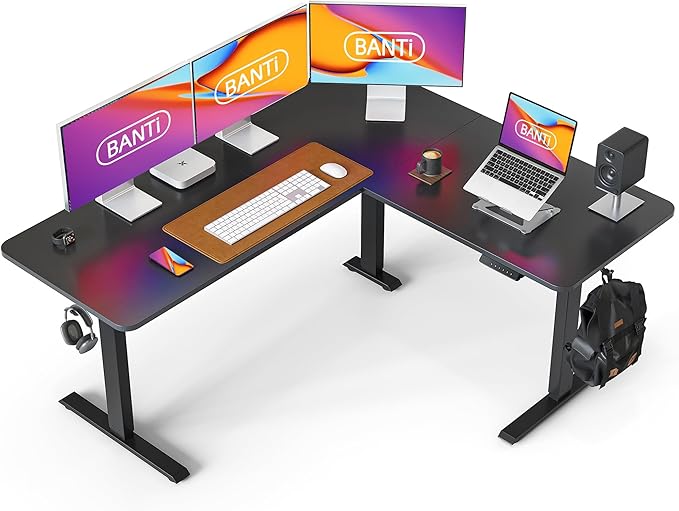 BANTI L-Shaped Standing Desk - 63 x 55 Inch Adjustable Corner Standing Desk with Charging Station - L Shape Sit Stand Table with Memory Controller, Splice Board for Home Office