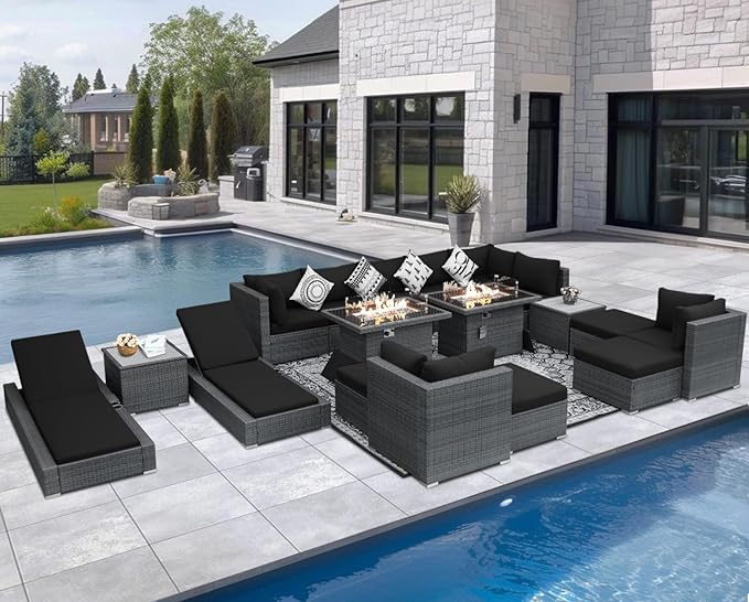 NICESOUL 18 Piece Outdoor Sectional with Chaise Lounge and Firepit, Extra Large 14-Person Patio Furniture with Fireplace and Lounger, Non Fading All Weather Outdoor Sofa Conversation Couch, Grey&Black