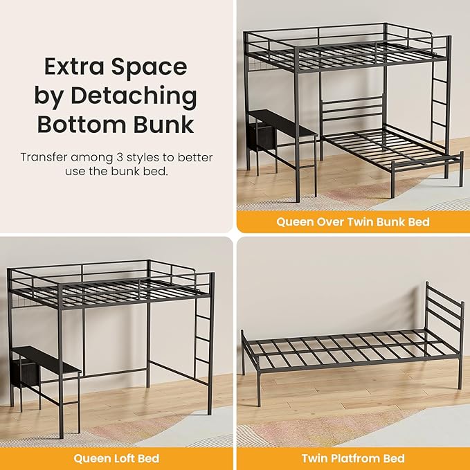 Queen Over Twin Bunk Bed with Desk - Detachable Queen Loft Bed with Drawers & Shelves, L-Shaped Create Spacious Home Office or Lounge Underneath - Sturdy Metal Frame Family-Friendly for All Ages