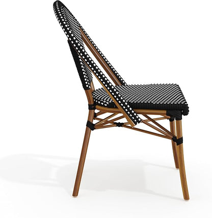 Martha Stewart Lily Pond Indoor-Outdoor Stackable Aluminum Bistro Chair with Natural Woodgrain Frame Finish and Black/White Woven Rattan Backrest and Seat