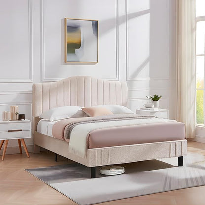 VECELO Full Size Beds Upholstered Platform Bed Frame with Height-Adjustable Teddy Fabric Headboard/Strong Wood Slats Supports / 7.9'' Under Bed Storage Space/Noise Free/No Box Spring Needed, Cream