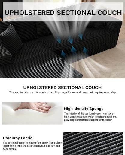 Cloud Sectional Couch, Corduroy Modular Sectional Sofa with L-Shape Chaise, Modern Boneless Couch Comfy Deep Seat for Living Room, Bedroom, Apartment, No Assembly (Black, Right Facing Chaise)