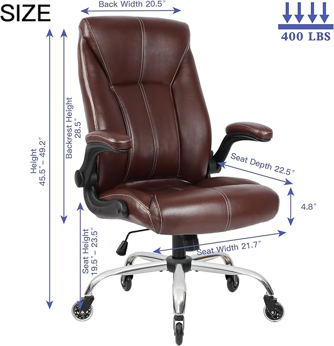 Big and Tall Office Chair for Heavy People, Executive Desk Computer Chair Adjustable Flip-up Armrests, PU Leather Swivel Task Chair with Ergonomic High Back and Lumbar Support（Brown