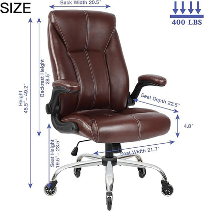 Big and Tall Office Chair for Heavy People, Executive Desk Computer Chair Adjustable Flip-up Armrests, PU Leather Swivel Task Chair with Ergonomic High Back and Lumbar Support（Brown