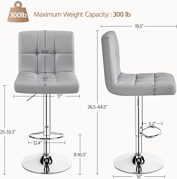 Yaheetech Bar Stools Set of 2, PU Leather Adjustable Barstools, Modern Counter Stools with Back and Footrest, Counter Height Barstools for Bar, Kitchen, Dining Room, Light Gray