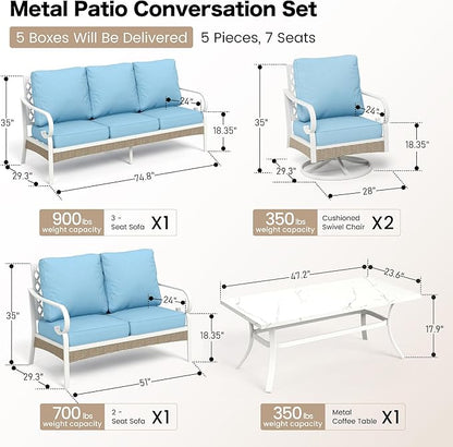 6 Piece Metal Outdoor Patio Furniture Set, Patio Conversations Sets 3-Seater Sofa, 2-Seater Sofa, 2 Swivel Chair with 5.75" Thick Cushion & Coffee Table White Backyard Furniture, Blue