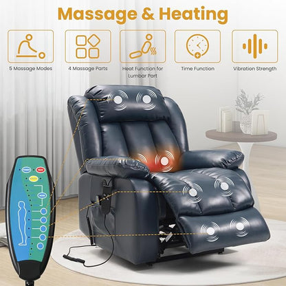 PARKOL Dual Motor Power Lift Recliner Chair for Elderly, 180-Degree Infinite Position Lay Flat Leather Recliner Chairs, with Massage and Heating, USB & Type-C Port and Remote (Dark Blue, Medium)