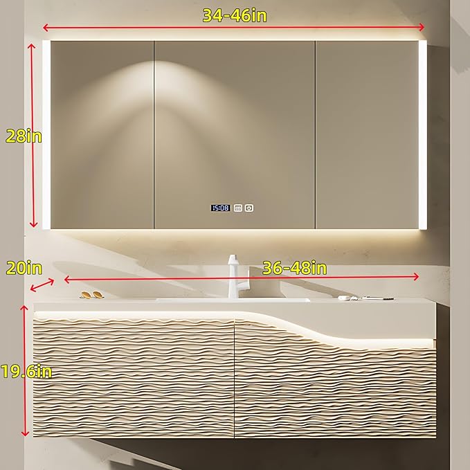 48in Elegant Modern Luxury Bathroom Vanity with Sink - Wall Mounted Solid Wood Cabinet & Smart LED Defogging Mirror | Single Sink Bathroom Cabinets