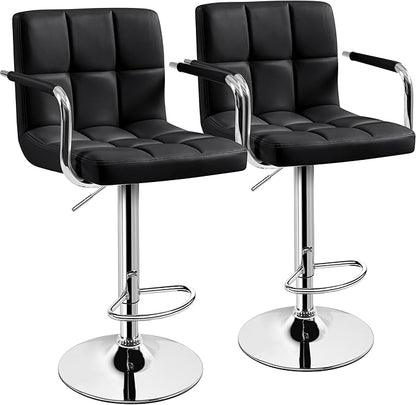 Yaheetech Bar Stools Set of 2, PU Leather Adjustable Swivel Barstools, Hydraulic Kitchen Counter Height Bar Chairs with Armrest and Back for Kitchen, Dining Room, Black