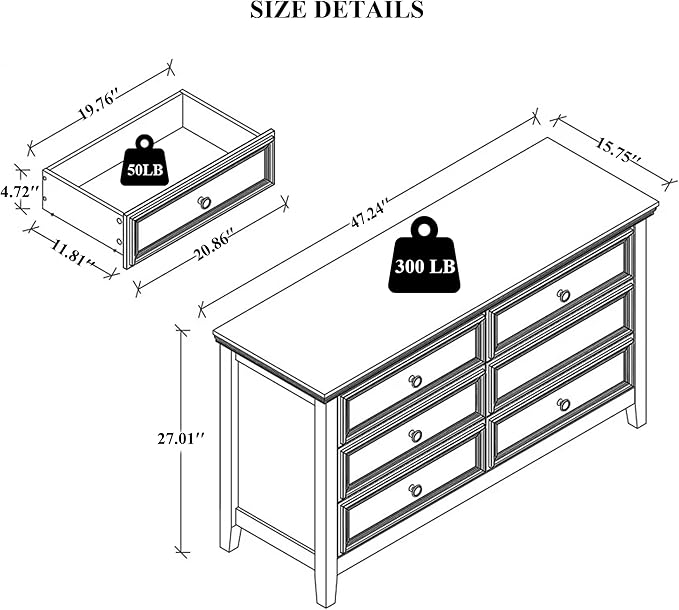 Black Dresser for Bedroom 6 Drawers Dresser - 47.2" Wide 6 Chest of Drawers Storage Double Cabinet as Bedfoot Organizer & Wardrobe Cabinet