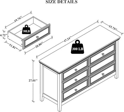 White Dresser for Bedroom 6 Drawers Dresser - 47.2" Wide 6 Chest of Drawers Storage Double Cabinet as Bedfoot Organizer & Wardrobe Cabinet