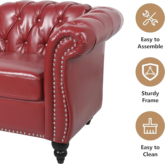 Chesterfield 3 Seater Sofa, Modern Leather Tufted Couch 3 Seater with Rolled Arms and Nailhead Mid-Century Upholstered Couch for Living Room, Bedroom, Apartment and Office, Claret