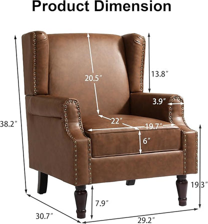 Pia Ricco High Back Floral Accent Chair - Retro Wingback Upholstered Armchair in Faux Leather, Nailhead Trim & Solid Wood Legs for Living Room Bedroom Reading Chair（Brown