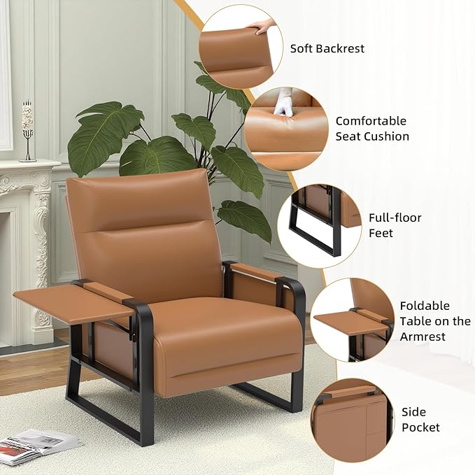 Faux Leather Accent Chairs Set of 2 with Flip Up Tray Tables Soft Backrest for Living Room Office Bedroom Modern Accent Chairs, Brown