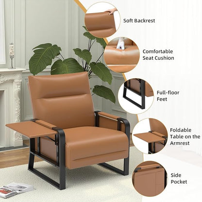 Faux Leather Accent Chairs Set of 2 with Flip Up Tray Tables Soft Backrest for Living Room Office Bedroom Modern Accent Chairs, Brown