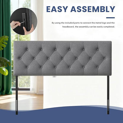 Tufted Upholstered Headboard Queen Size, Solid Wood Head Board with Durable Metal Legs, Linen Fabric Padded Headboard, Adjustable Height from 37” to 51”, Modern Button Design Head Board, Grey