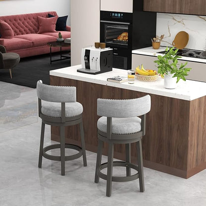 COSTWAY Bar Stool, 27-inch 360° Swivel Barstool with Upholstered Back & Seat, Solid Rubber Wood Legs & Footrest, Farmhouse Counter Height Chair for Home, Bar, Cafe, Grey (1, Seat Height 27‘’)