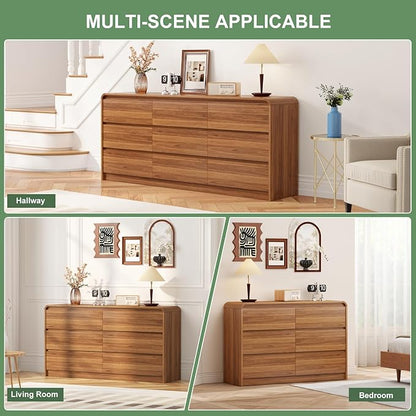47 Inch Dresser For Bedroom 6 Drawer Wood Chest of Drawers - Curved Anti Collision, Mid Century Dresser For Closet with Natural Texture & Pre-Embedded Slots for TV Stand, Living Room, Nursery