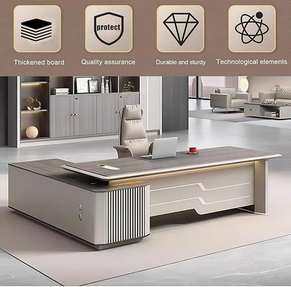 94IN Executive Office Desk - Large Office Desk L Shaped Computer Desk with 2 Drawers & Grille Design | Thickened Countertop & Large Capacity Side Cabinet Storage & Metal Cabinet Handle