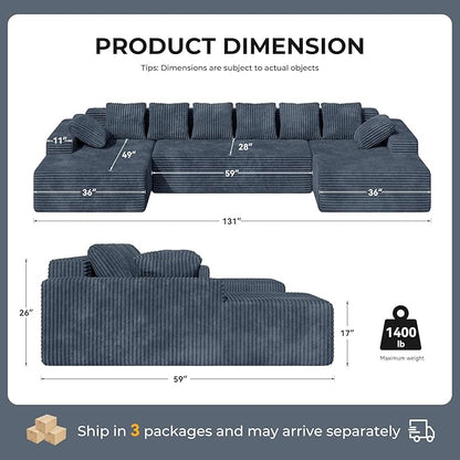 131'' Modular Sectional Cloud Sofa, U-Shaped Boneless Couches with Chaise Lounge Deep Seat with 8 pcs Pillows, Fluffy Memory Foam(No Assembly Required)